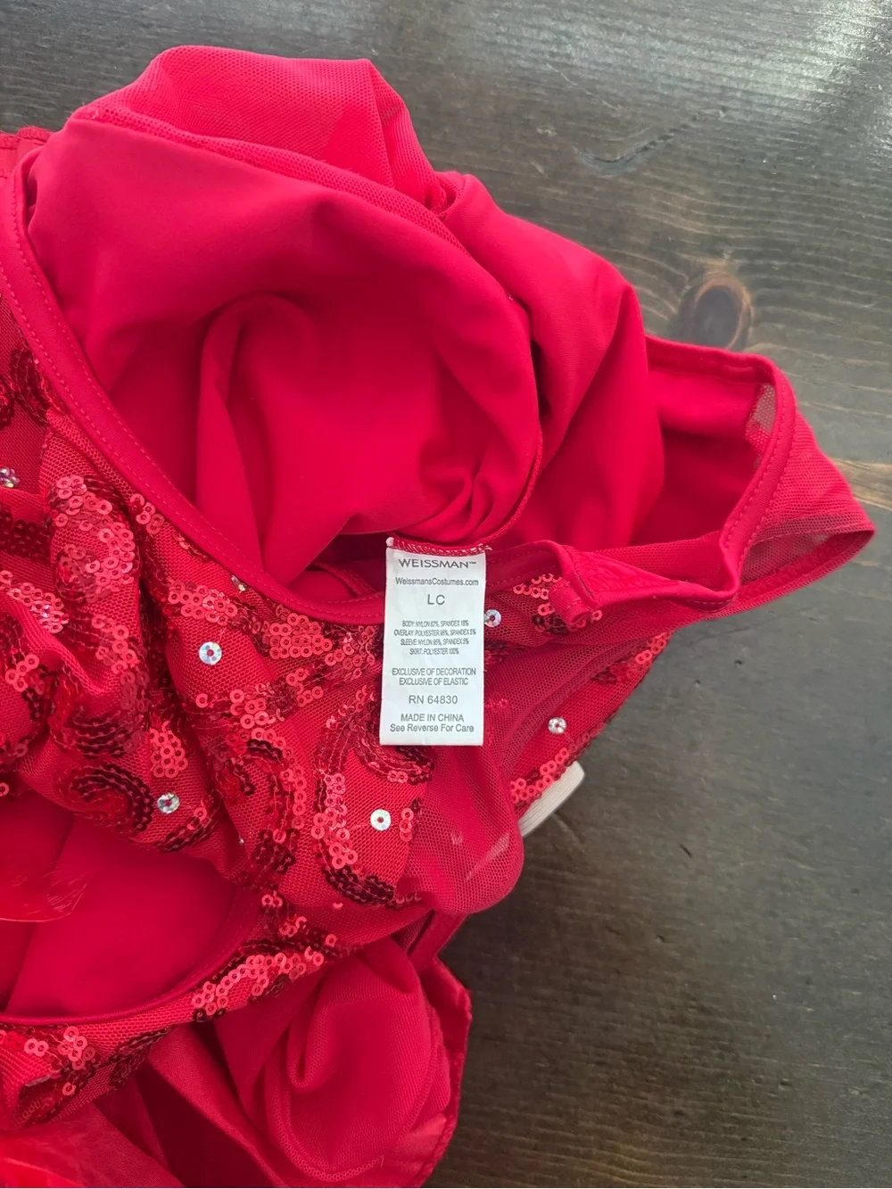 Weissman Red Sequin Ruffle Dance Costume with Feather Accent